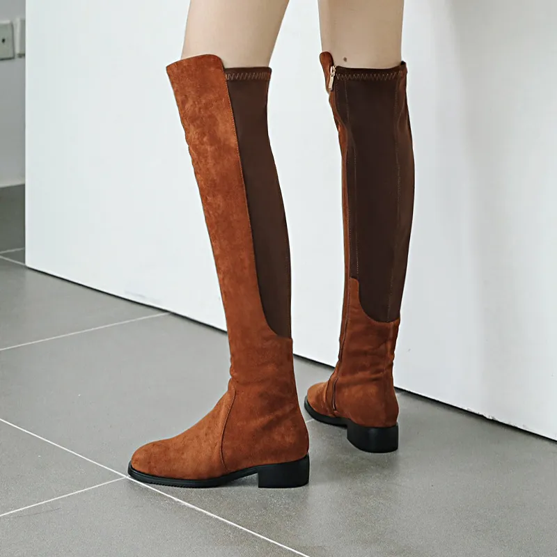 Venta caliente-Muslo Botas altas sobre la rodilla para mujer Zapatos Tela elástica Punta cuadrada Tacones planos Botas largas Bottine Femme Botines