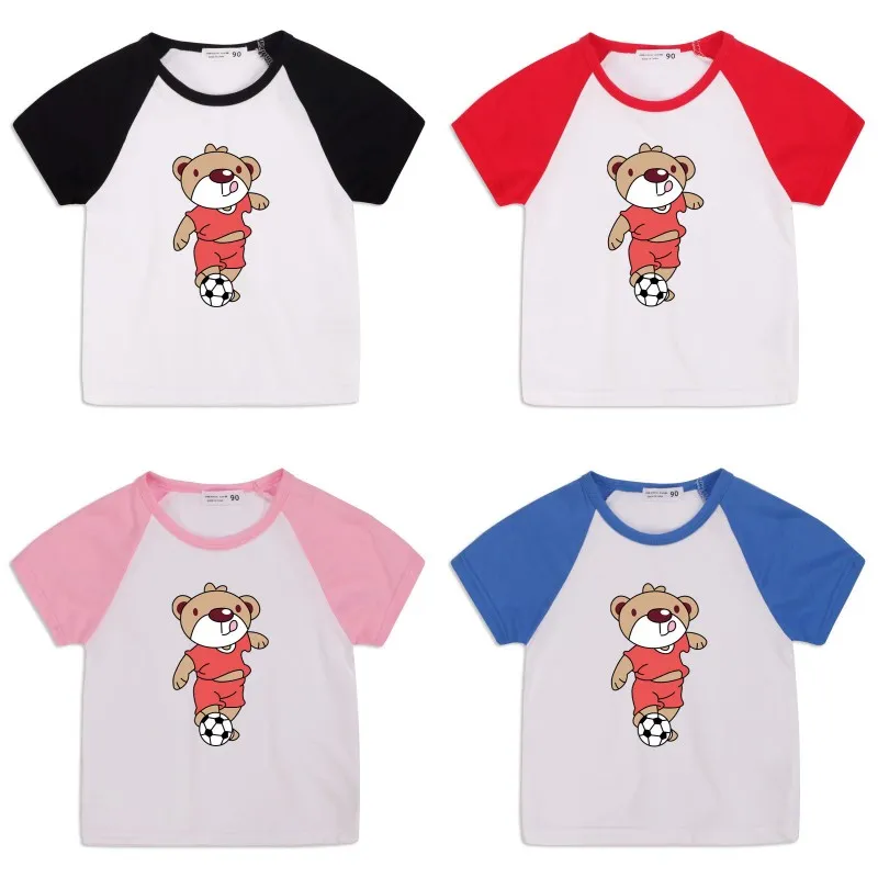 Kids Cartoon Bear T Shirt Child Summer Short Sleeves Boys Tshirt Bear Print Round Neck Cotton Tops Kids Designer Clothes Boys