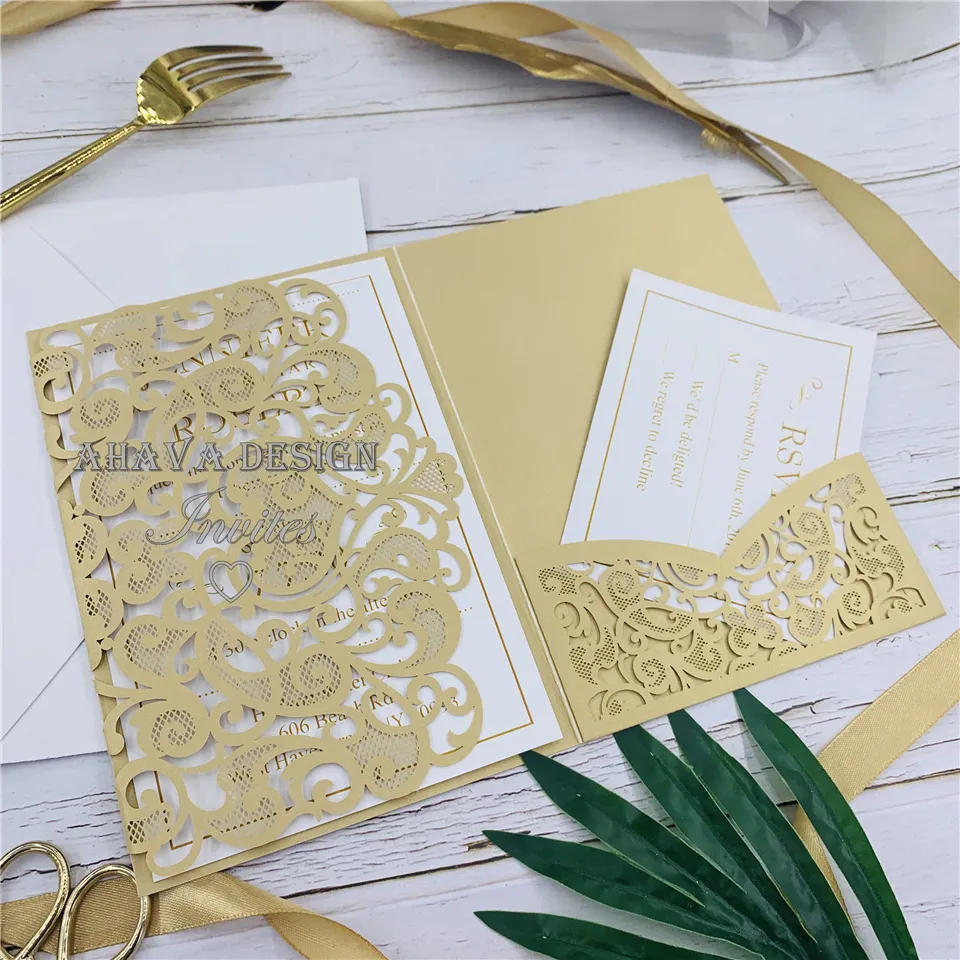 Muhteşem Altın Lazer Kesim Tri-Fold Düğün Davetiyesi, Özelleştirilebilir Cevap Kartları ve Zarf Ile Davet Ediyor, Düğün Davetiyesi, Doğum Günü