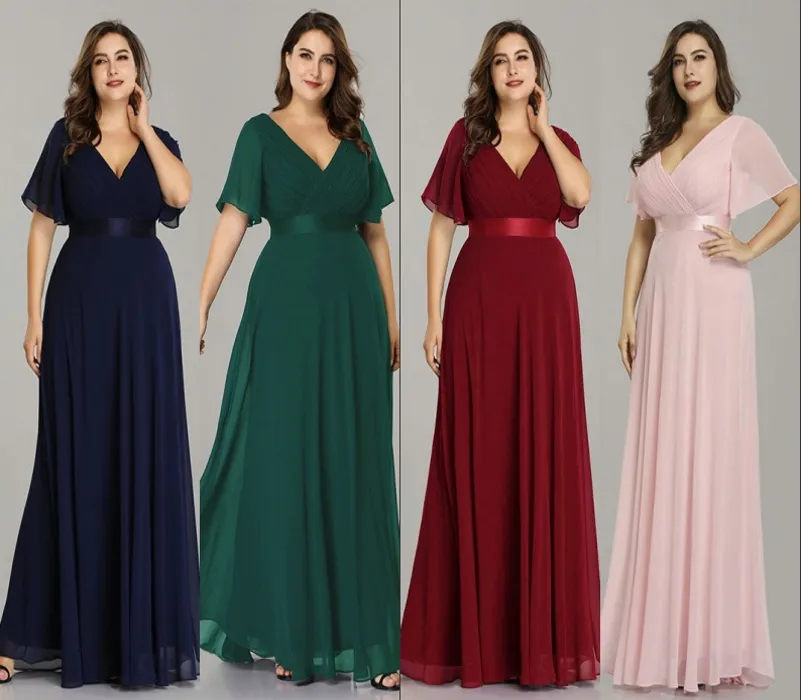 Ever Pret Plus Size Navy Blue Chiff Flutter Sleeve Formal Dr with V-Ne and A-Line Silhouette for Women's Formal Parties
