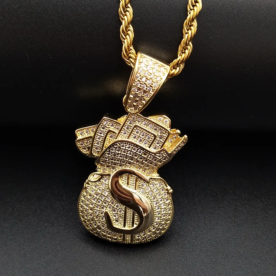 Guldpläterad Iced Out CZ Cubic Zirconia Mens USD Money Bag Pendant Chain Halsband Personifierad Full Diamond Hip Hop Smycken Gåvor för män