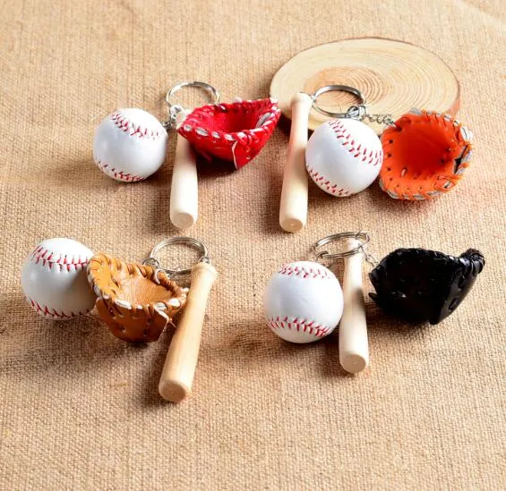 Baseballs Handskar Trä Bat Nyckelringar Hem Mini Softball Baseball Key Chain Cartoon Keychain Julklapp