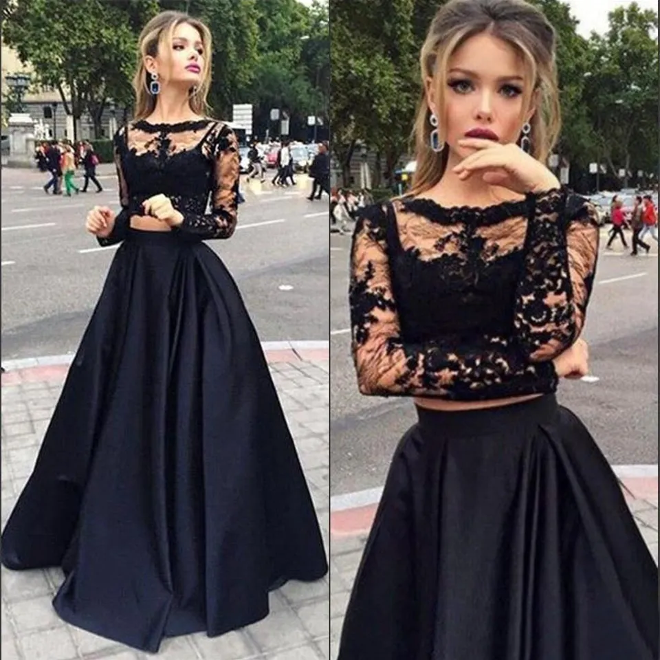 Plus Size Twee Stukken Zwart Prom Jurken Lange Mouwen A-Lijn Sexy Jewel Illusion Bodice Lange Kant Avondjurk Party Formele Toga SD3365