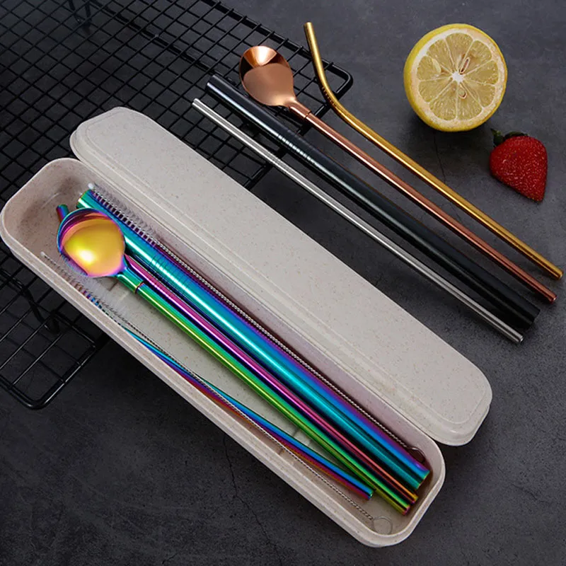 304 Stainless Steel Straight Bent Drinking Straws Cleaning Brush Spoon 7pcs/set With Box Kitchen Tools Wedding Gift