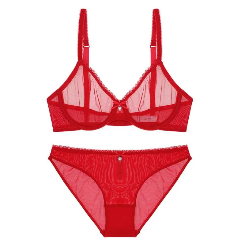 Bras Sets Varsbaby Sexy Big Red See-through Yarn Lingerie Set Rhinestone Bow Transparent Bra And Panty2250