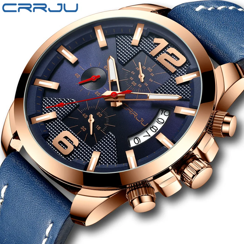Crrju luxury Multi-Function Chronograph Men Wurstwatch Fashion Sport Sport Waterproof Reather Male Watch lelogio masculino284e