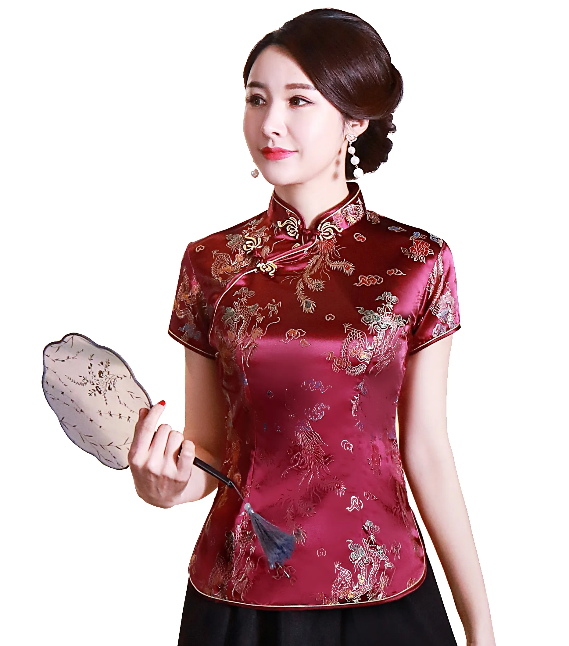 Top cheongsam cinese alla moda Top in finta seta / raso da donna tradizionale cinese Camicetta cinese con drago e fenice Camicia Qipao cinese