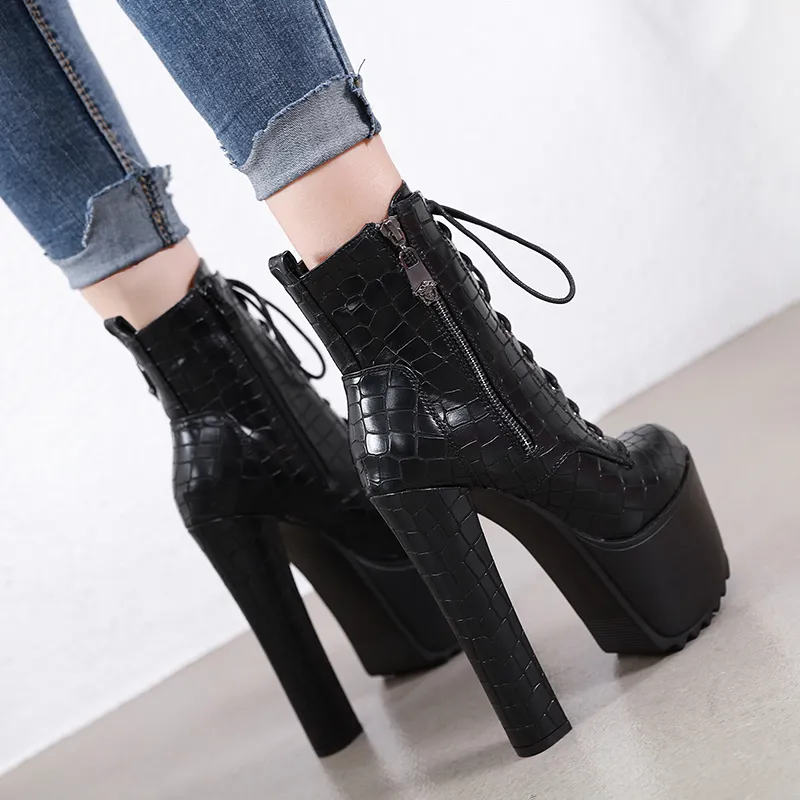 16cm luxury black lace up stone grain motocyle ankle boots ultra high heels come with box size 34 to 40