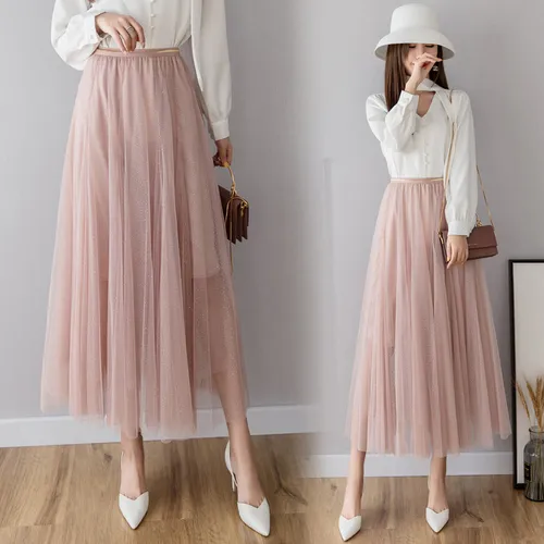 TingYiLi Tulle Skirt Long Black Pink Beige Gray Korean Skirt