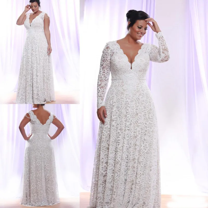 Grande taille robe de soirée en dentelle blanche manches longues col en V profond longueur de plancher mère robes de bal formelles occasion fête porte pas cher