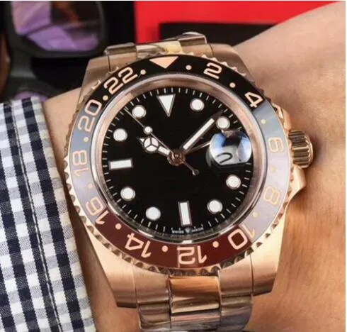 Venda por atacado - Nova venda de ouro rosa GMT2 Listado V3 Versão mens assistir movimento automático Cerâmica Rotação Bisel pulseira de aço de vidro de safira