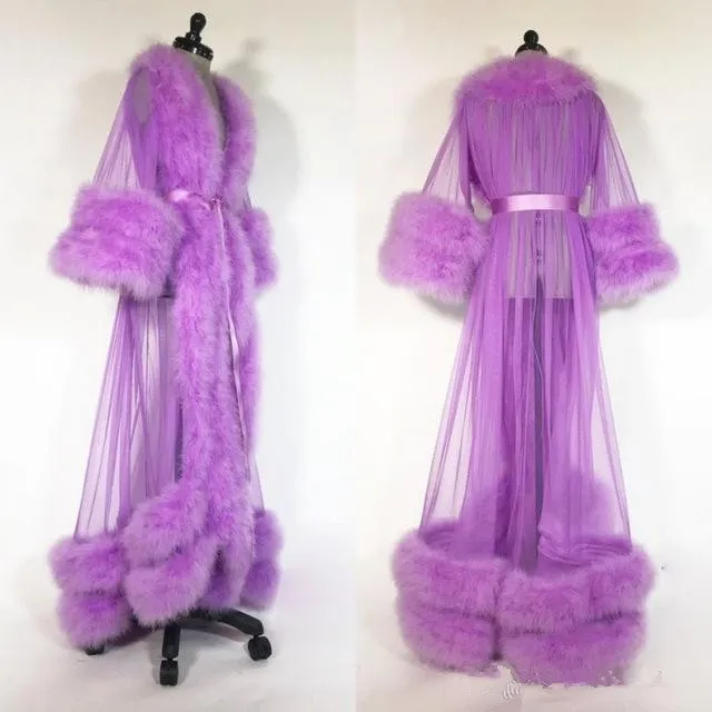 Violet plume Robe manches longues 2020 fourrure fête vêtements de nuit sur mesure Robe de nuit Robes bouffantes jupe photographie Boudoir pyjamas