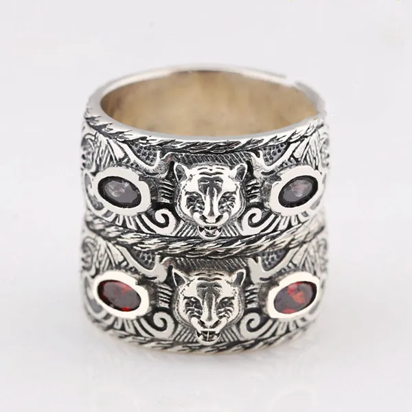 S925 Retro Sterling Silver Inlaid Tiger Head Ring Trend Hip Hop Men and Women Par Jewelry Gift222x