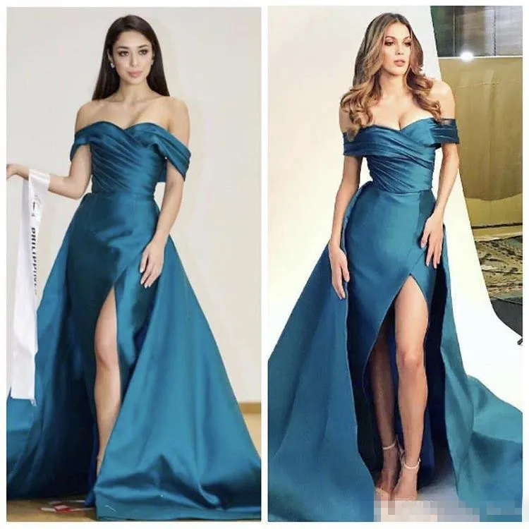 2019 robes de bal en satin bleu sarcelle sexy sur l'épaule avec jupe fendue sur le côté froncé robes de soirée formelles sur mesure