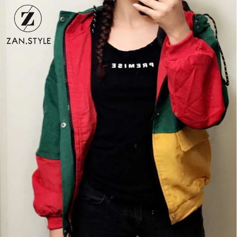 ZAN.STYLE Winter Warm Color Block Hooded Corduroy Jacket Drawstring Hit Color Patched Pocket Thick Basic Women Coat Harajuku New