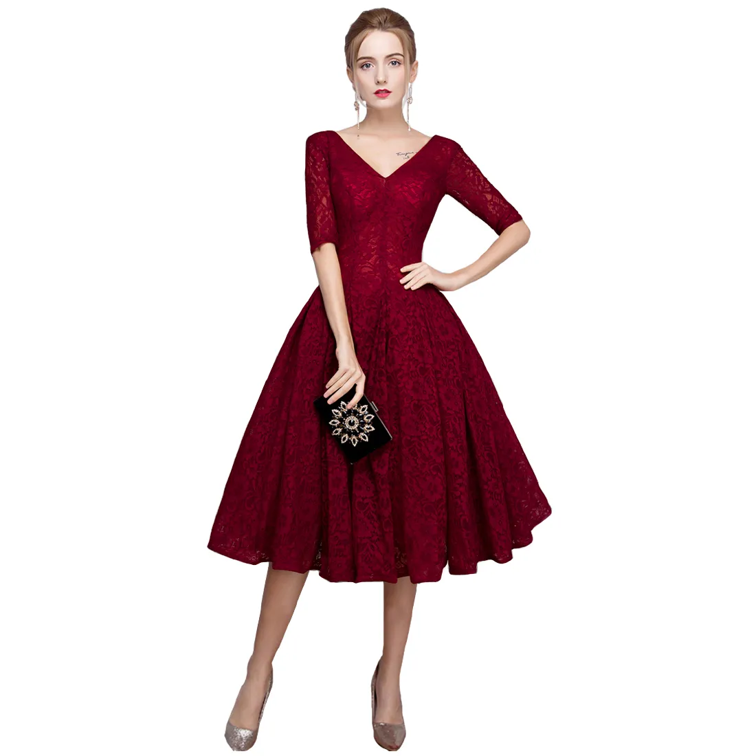Dark Red Vintage Lace of Quinceanera Dress with V-Neck and Short Sleeves - Tea Length, Short Length - Perfect for Bridal, Bridesmaid, Party and