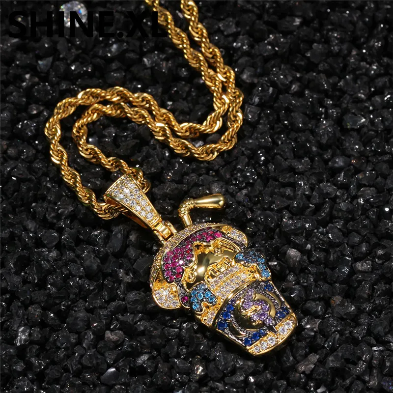 Mens Hip Hop Jewelry Crystal Multicolour Cartoon Money Cup Collier Pendentif avec Corde Chaîne Chaîne Cubaine Iced Out Zircon Bling Collier