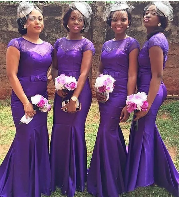 Robes de demoiselle d'honneur de sirène violette populaires perlées à manches courtes robe de demoiselle d'honneur avec nœud longueur au sol robe de soirée de mariage grande taille