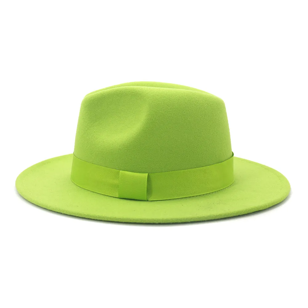 Lime Green Solid Color Wool Felt Jazz Fedora Hats with Ribbon Band Women Men Wide Brim Panama Party Trilby Wedding Hat268o