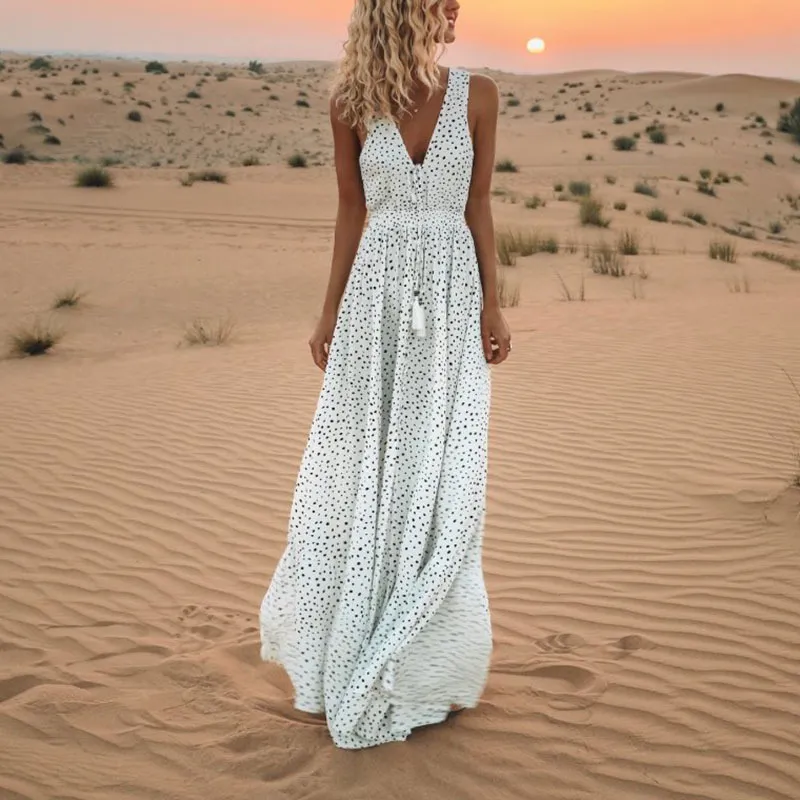 Vestido de mulher maxi boho de bolinhas brancas sem mangas vestido solto até o chão vestidos de praia vintage com decote em V sexy vestido de festa de verão