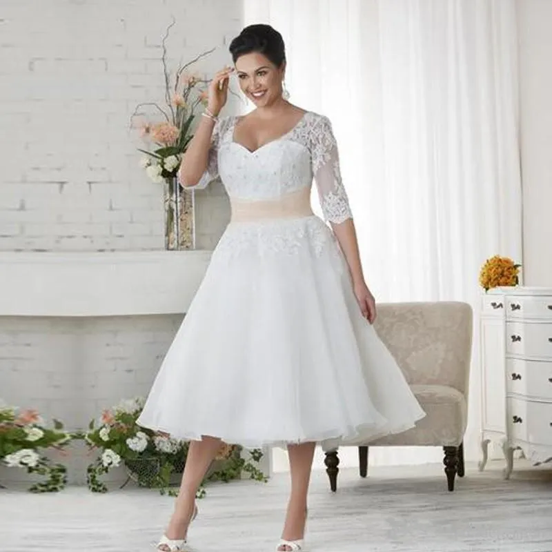 2020 Suknie ślubne 1/2 Rękaw Plus Size Lace Suknie Ślubne Tanie Plaża Szyfonowa Długość Herbata Plus Size White Ivory Formalne Kobiety Noszą 1203