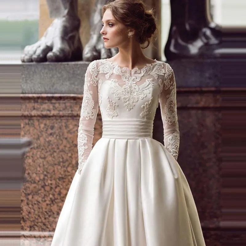 Modest Long Sleeve Wedding Dresses with Jewel Neck, Lace Applique, Bodice, and Satin Skirt - 2020 New Pattern Bridal Gown