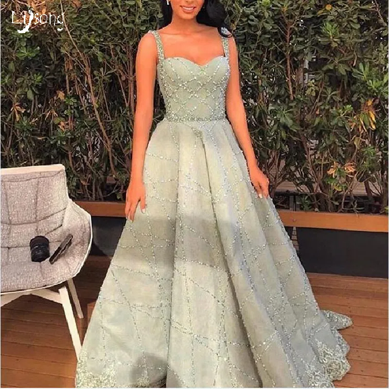 Beaded Straps Pleated A-line Evening Dress vestidos Elegant Mint Lady Prom Party Formal Dresses Lace Edge Graduation Luxury Party Wear Gown
