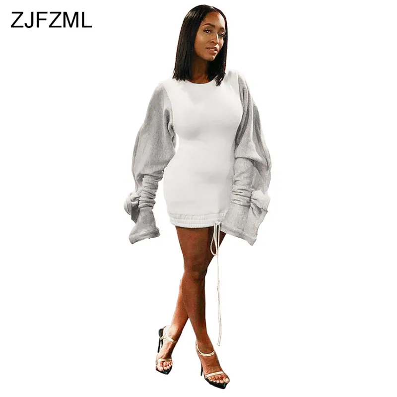 Ruffle Puff Sleeve Casual Hoodie Dress Women Drawstring Split Long Sleeve Sweatshirt Dress Autumn Winter Fleece Plus Size