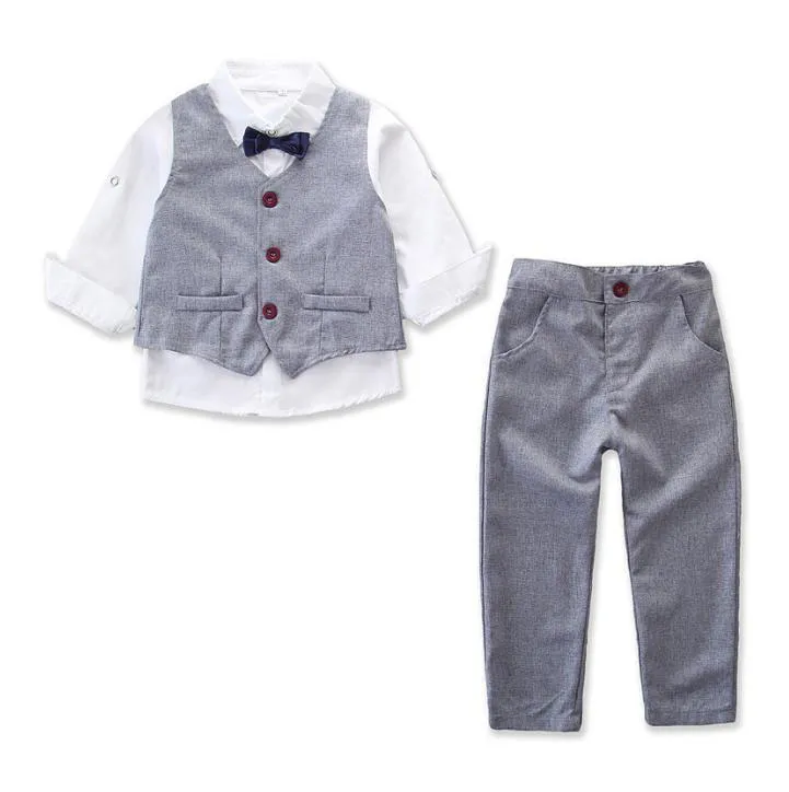 Nova Primavera Outono Bebê Meninos Definir Cavalheiro Crianças Camisa + Colete + Calças 3 Pcs Crianças Meninos Roupas De Roupas Terno 14563