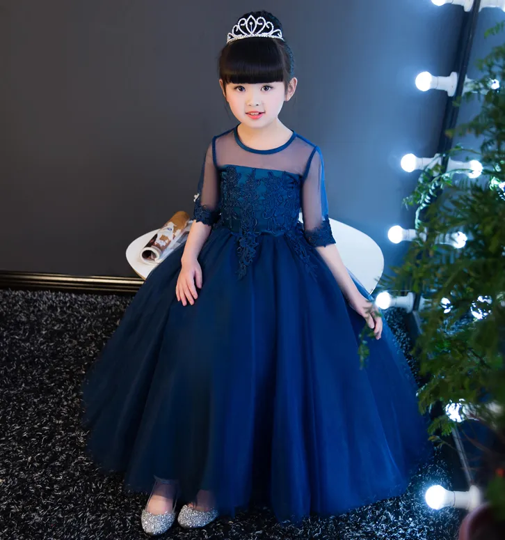 Bellezza Maniche blu scuro Applique Abiti da spettacolo per ragazze Abiti da ragazza di fiori Abiti da festa principessa Gonna per bambini Custom Made 2-14 H319573