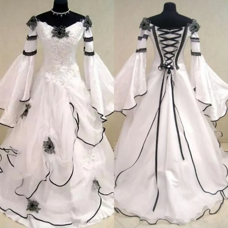Ренессанс Черное и белое марочное Свадебные платья готические Vestidos De NOVIA Кельтские Свадебные платья с длинными рукавами Белл