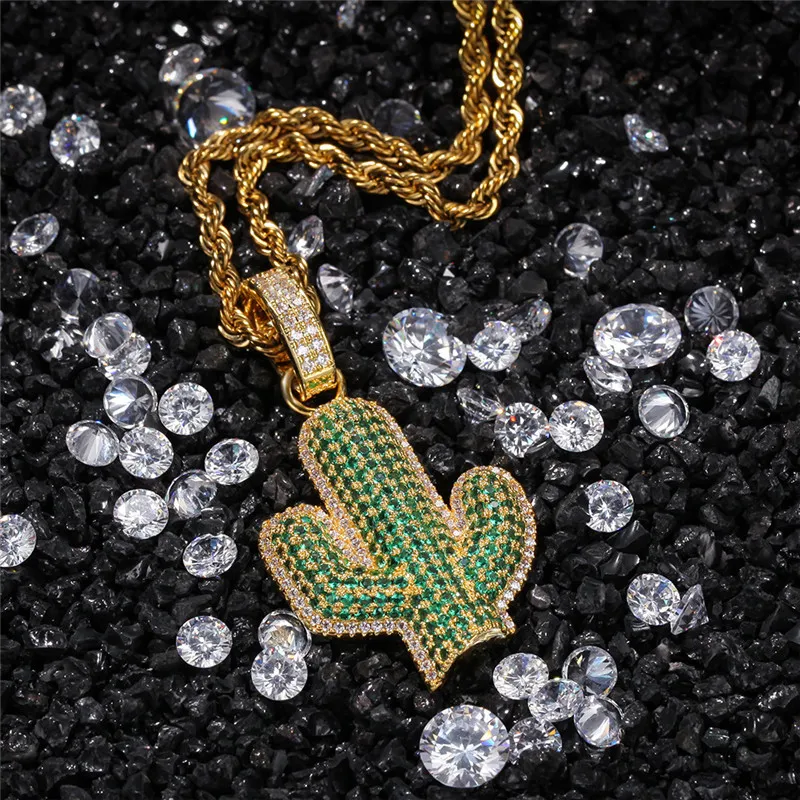 2019 collar de Cactus verde de verano con circonita cúbica chapada en oro blanco para hombre joyería de Hip Hop Gift272s