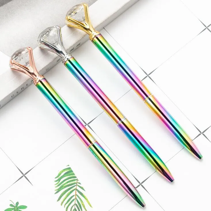 New Big Diamond Crystal BallPoint Pennor Rainbow Metal Gradient Pen Skolkontor Skriva Tillbehör Business Pen Stationär Studentgåva GD307