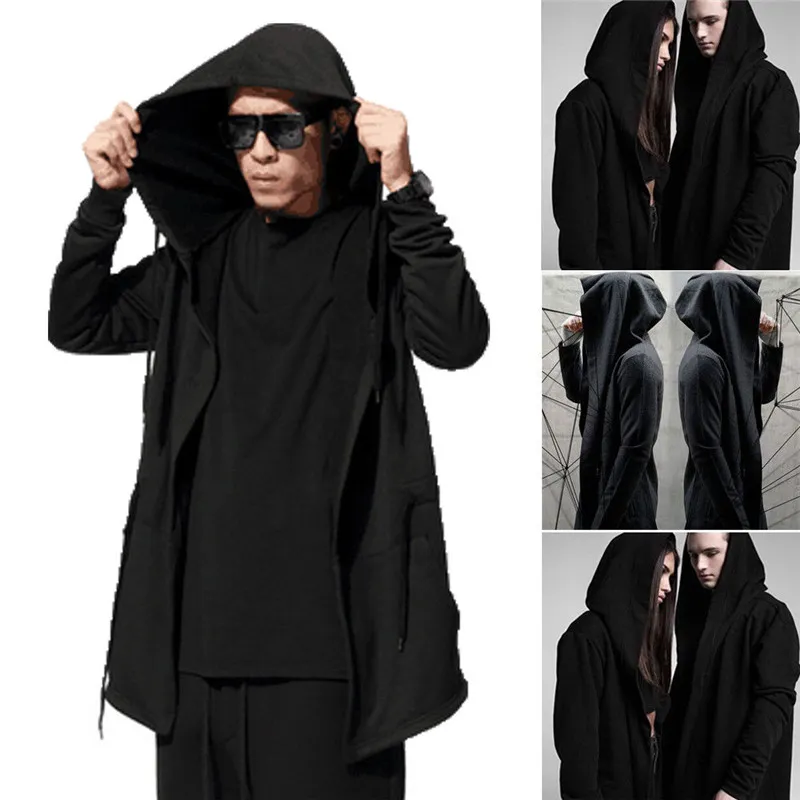 Abrigo negro a la moda para hombre y mujer, capa con capucha de manga larga, chaqueta, capa de bruja Vintage, cárdigan informal liso, ropa de calle elegante