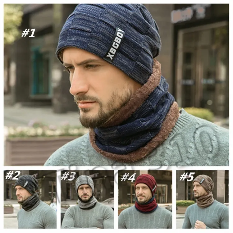 Chaud Tricot Chapeau Écharpe Ensemble Hommes Couleur Unie Chaud Casquette Echarpes Mâle Hiver En Plein Air papa chapeaux Écharpe chapeaux de créateurs casquettes hommes 1set T2C5086