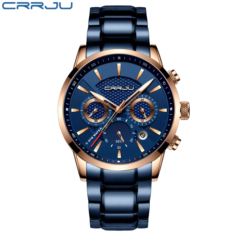 CWP 2024 Crrju Sale Business Men Kijk Fashion Blue Chronograph Stianless Steel Polshorwatch Casual waterdichte klokrelogio masculino