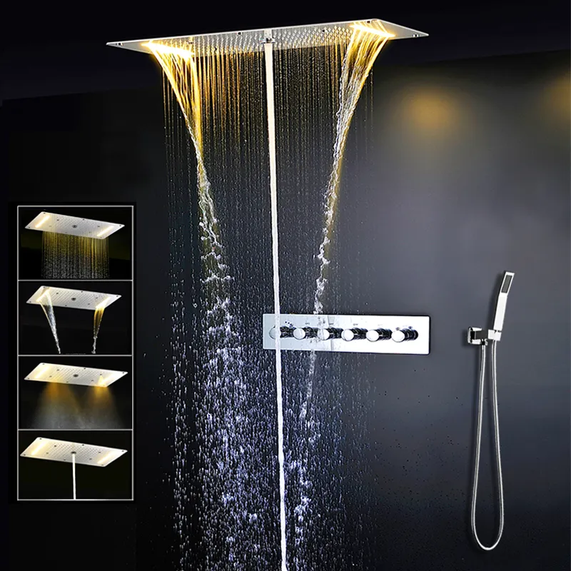 バスルームの天井LEDシャワーセット埋め込まれた降雨滝マッサージビッグシャワーヘッドパネルサーモスタットミキサーの蛇口