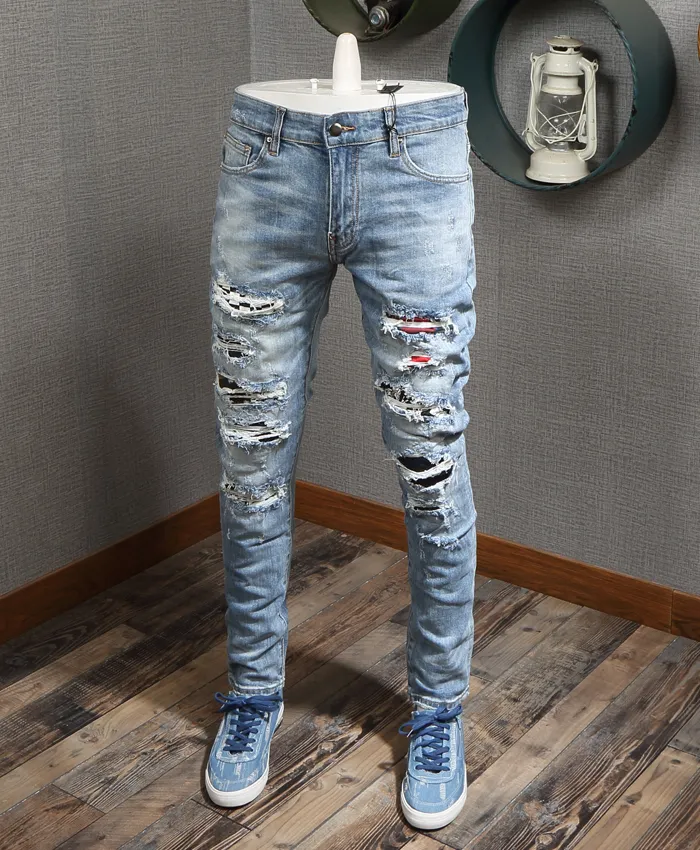 Patches Detail Biker Fit Jeans Men Slim Motorcycle For Mens Vintage Distressed Denim Jean Pants