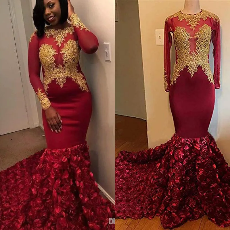 Vintage Maroon Black Girls Prom Dresses z rękawami i złotymi aplikacjami Tight Fishtail 3D Rose Floral Formalne Suknie wieczorowe Suknia