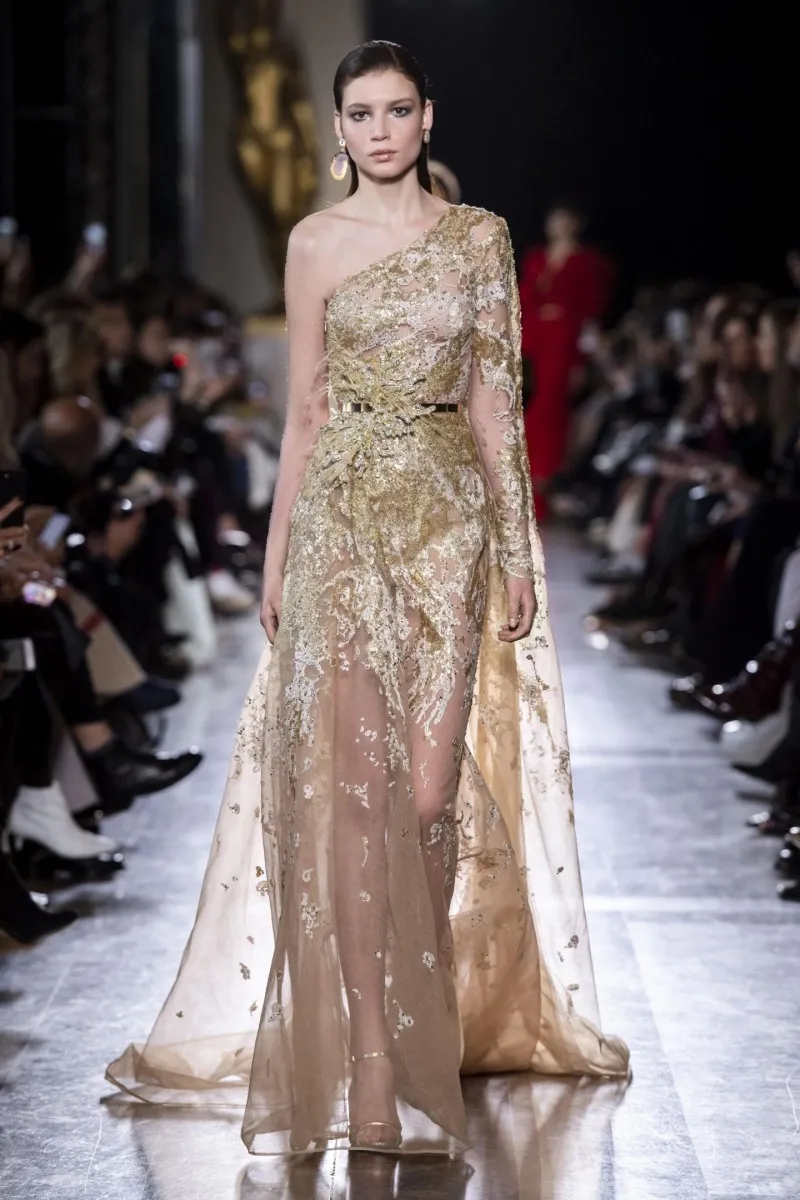 Elie Saab 2019 Gold Applique One Shoulder Zuhair Murad Evening Gowns With  Long Sleeves And Backless Design Perfect For Formal Occasions And Proms  From Greatvip, $133.95