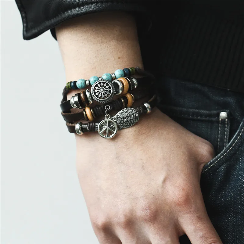 Tibet Pierre Plume Multicouche Bracelet En Cuir Oeil Poisson Charmes Perles Bracelets pour Hommes Vintage Punk Wrap Bracelet