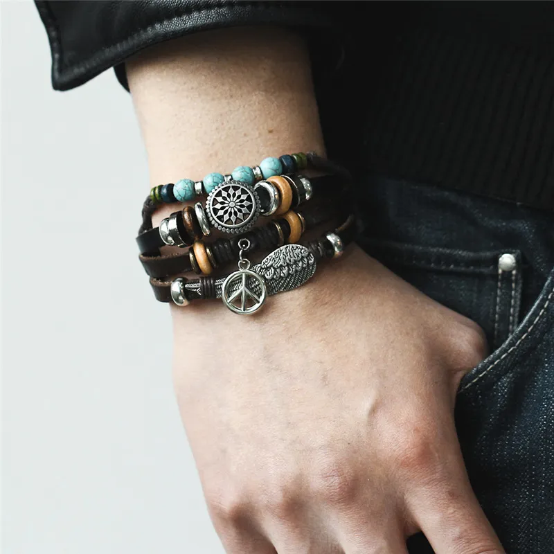 Tibet Stone Feather Multilayer Leather Armband Eye Fish Charms Pärlor Armband för män Vintage Punk Wrap Armband