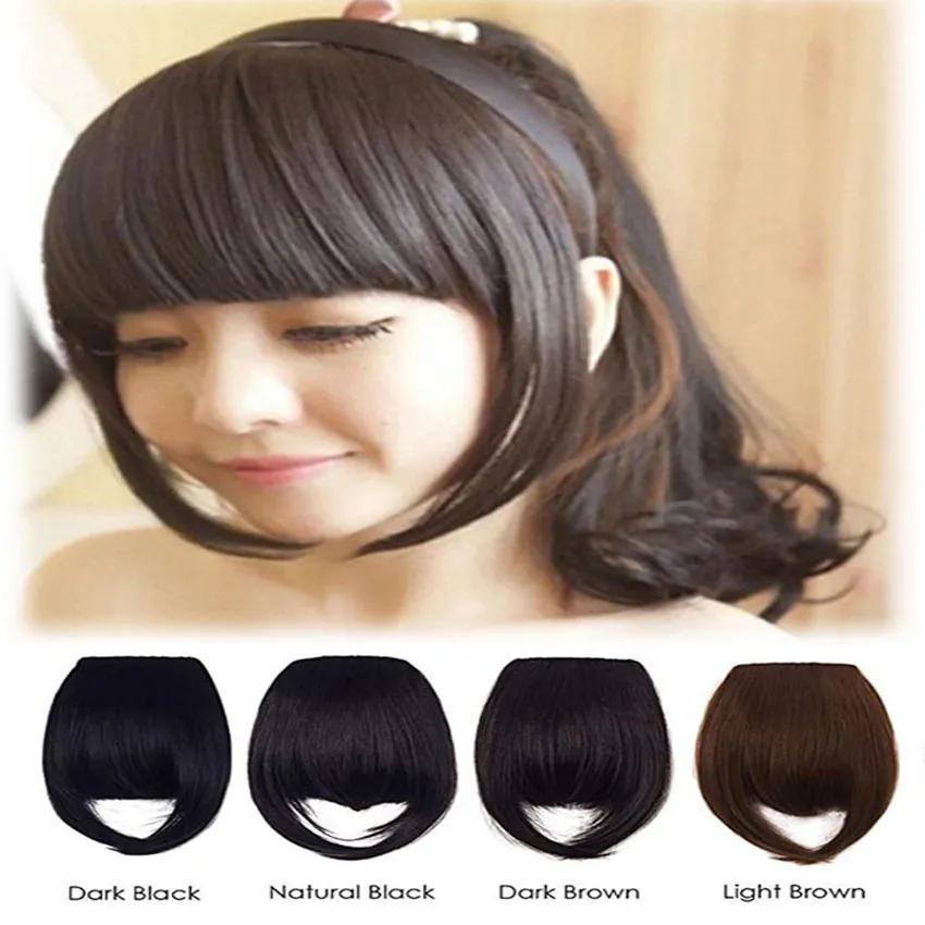 Fashion Chip In Hair Extensions Front Neat Bang Fringe Black One Piece Straight Hairpiece Free Shipping