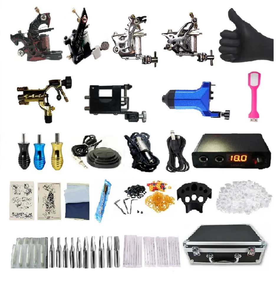 Professional Complete Tattoo Kit 4 Copper Coil Machines 3 Rotary Machines High Power Supply Kit WMS7G0002