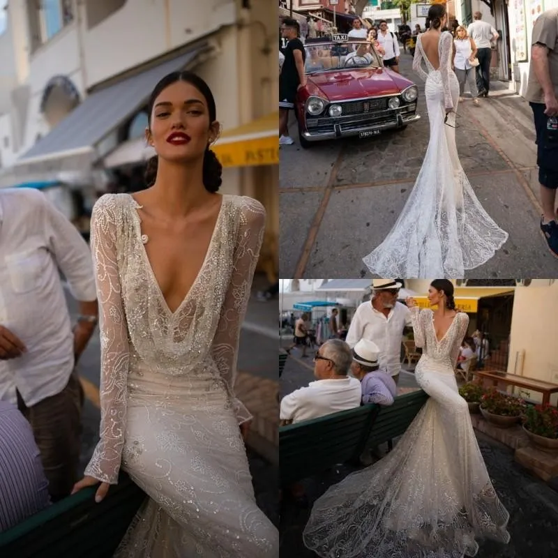 2020 Sexy Inbal Dror vestido de casamento V Neck Lantejoulas Lace Mermaid vestidos de noiva mangas compridas Backless Praia vestido de casamento personalizado