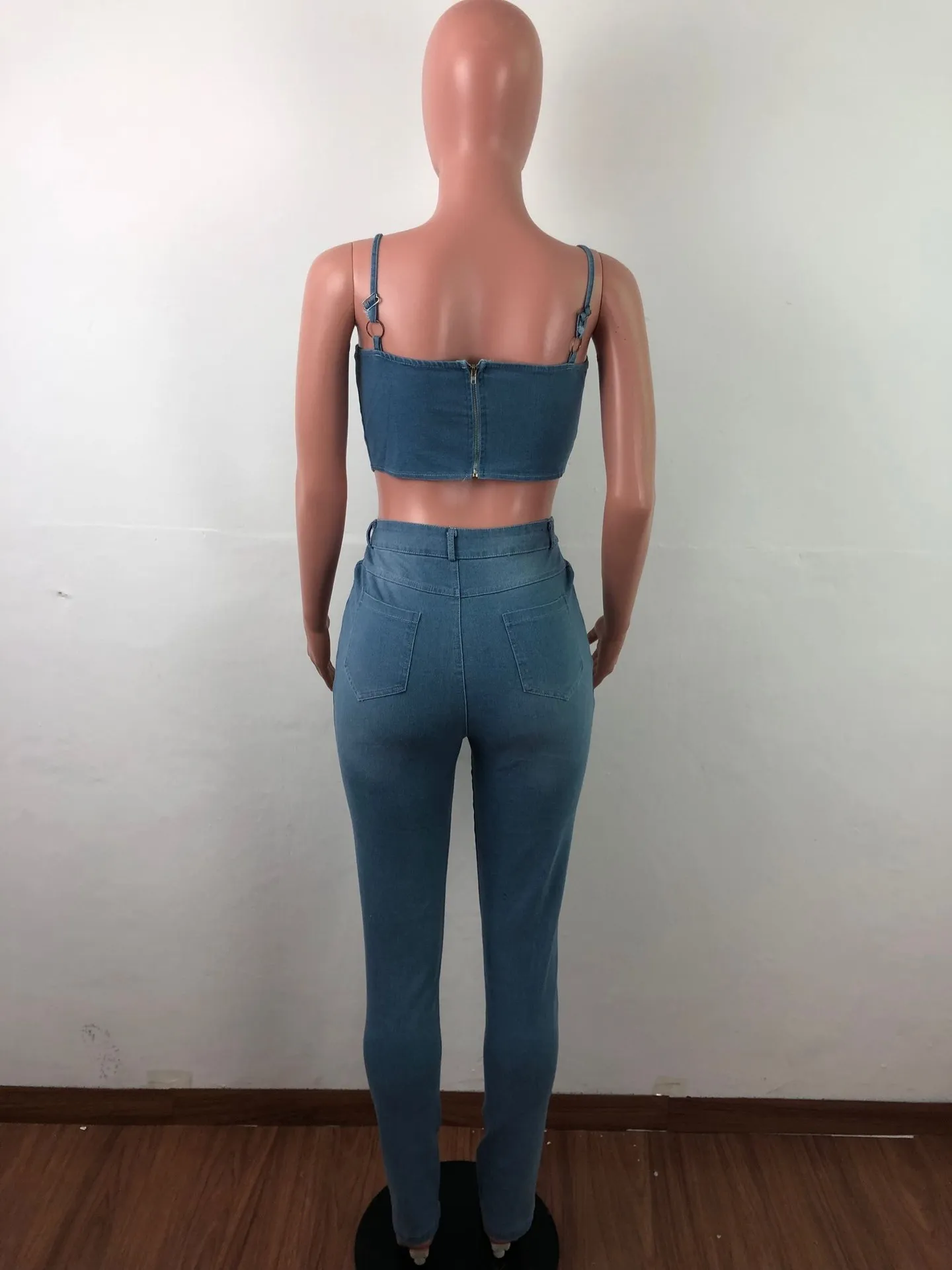 Cute Pattern Two Pieces Women Jeans Sets Spaghetti Slash Neck Sleeveless Short Top and Fashion Denim Pants Outfits Girls Streetwear Pants