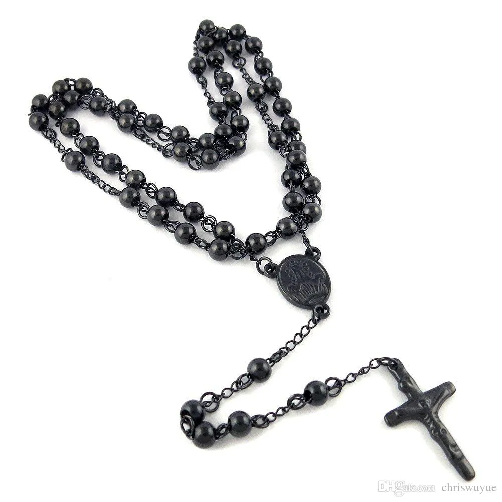 4mm/6mm/8mm Black Catholic Stainless Steel Beads Rosary Necklace Crucifix Cross Silver Color Round Byzantine Chain Necklace Or Bracelet