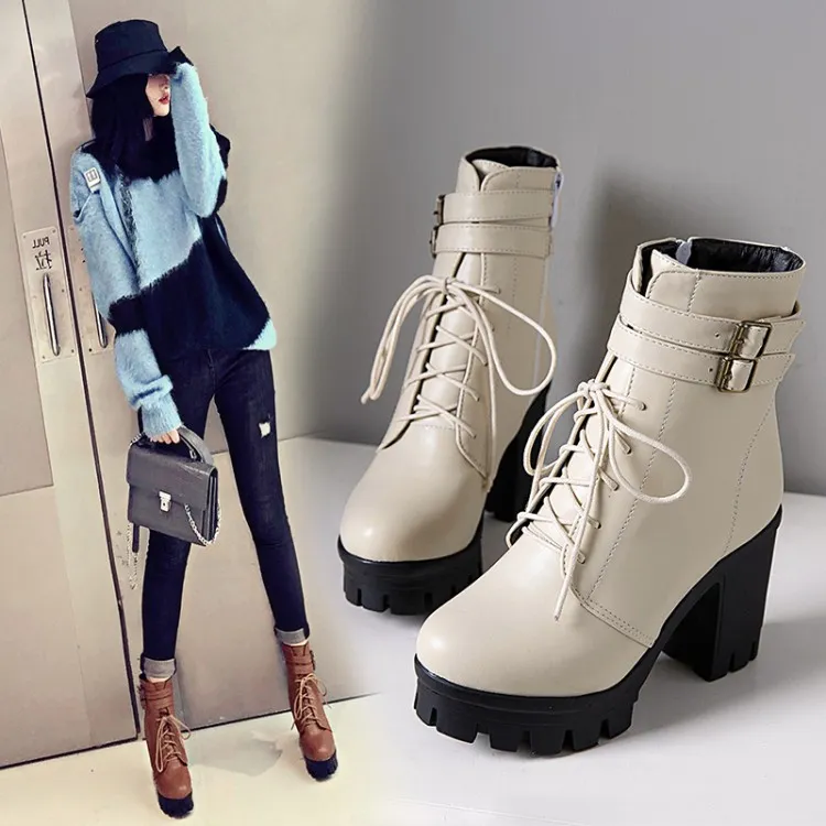 Big small size 34 to 40 41 42 43 casual style beige lace up platform chunky heel motocycle booties black brown