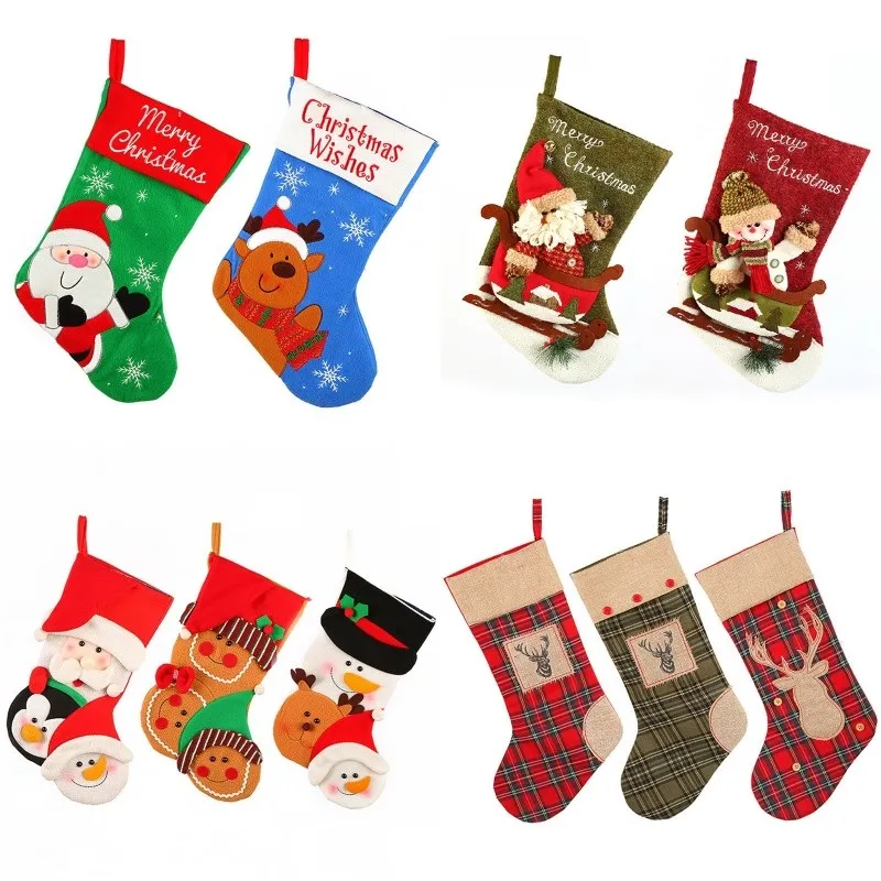 Christmas Stocking Bag Cloth Striped Elk Socks Cartoon Santa Deer Stocking Xmas Tree Hanging Decoration Bag Snowman Santa Gift Bag