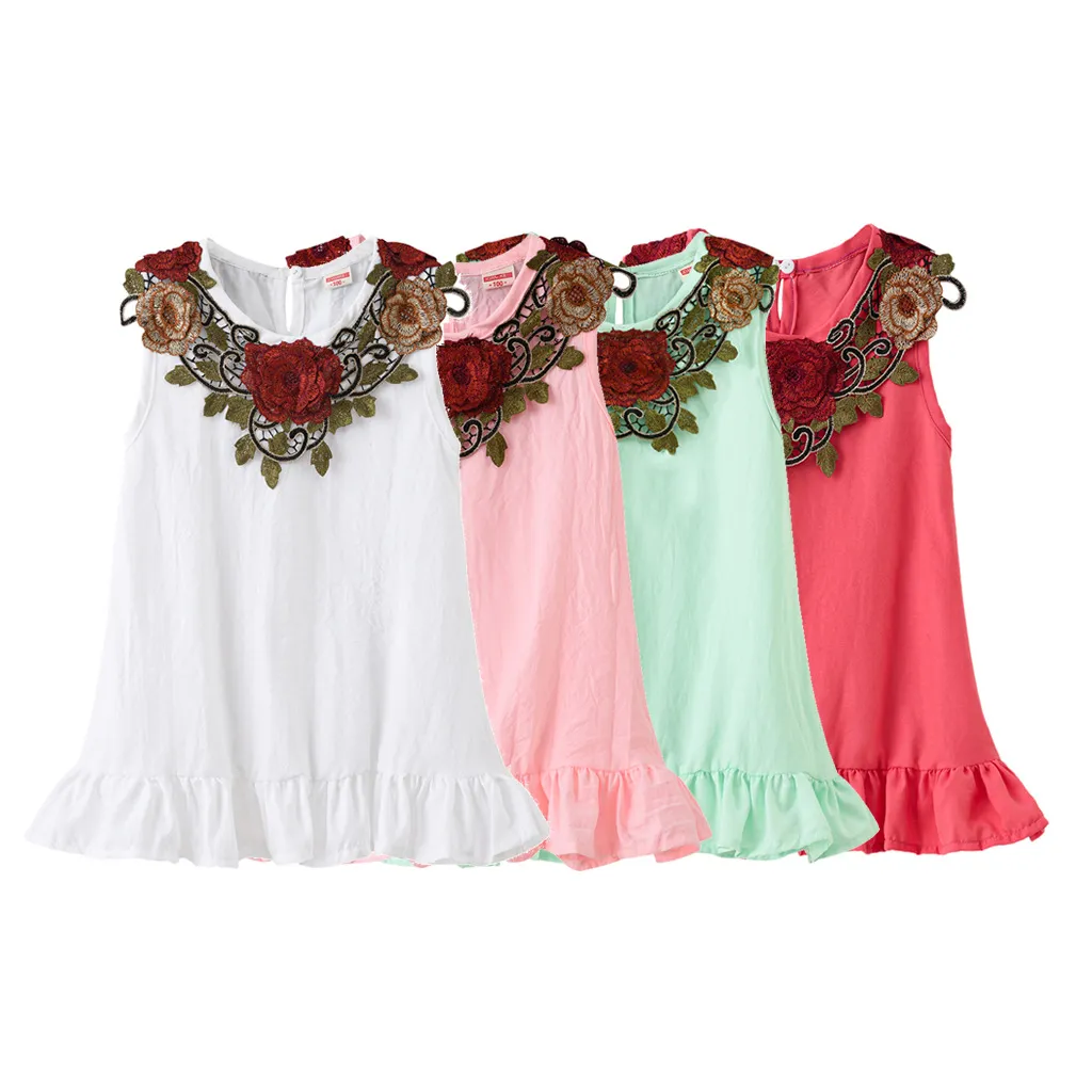 Rose Embroidered Cotton Princess Dress For Girls Sleeveless, Flowers